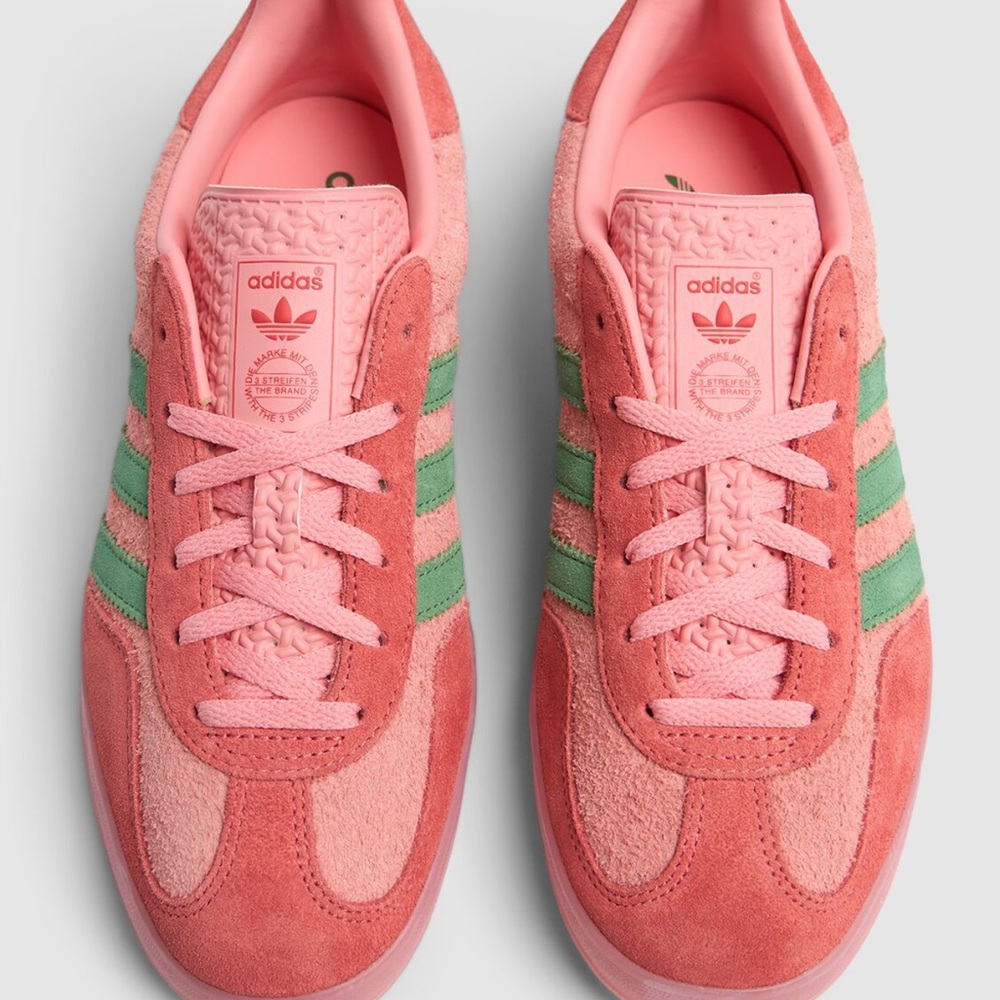 adidas Coral Pink Suede Sneakers with Green Stripes